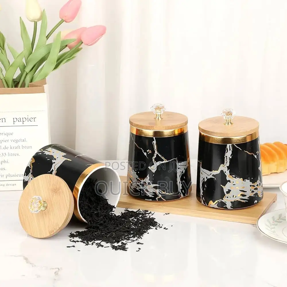 3 Air Tight Storage Canister Set With Wooden Base