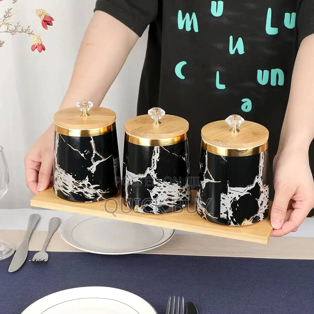 3 Air Tight Storage Canister Set With Wooden Base