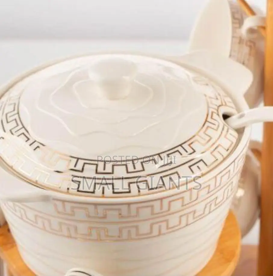Soup Bowl Set With 6 (Cups,Saucers,Spoons) on Bamboo Stand