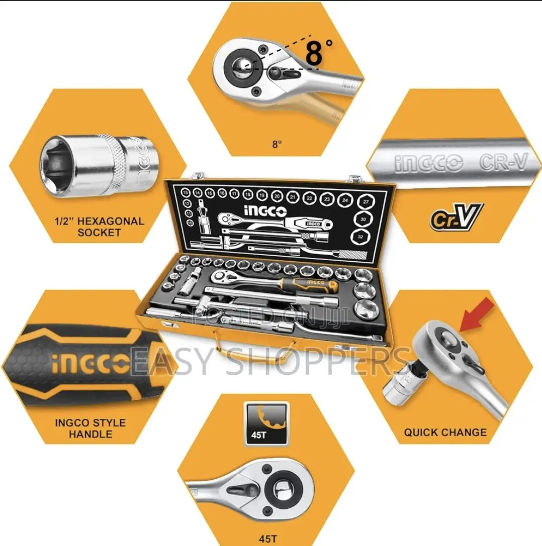 INGCO 24pcs Tool Set Spanner Set, 18pcs 1/2" Sockets