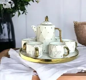 Rotating Tray , Cups and Kettle Gold White.