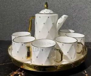 Rotating Tray , Cups and Kettle Gold White.
