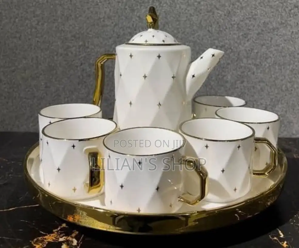 Rotating Tray , Cups and Kettle Gold White.