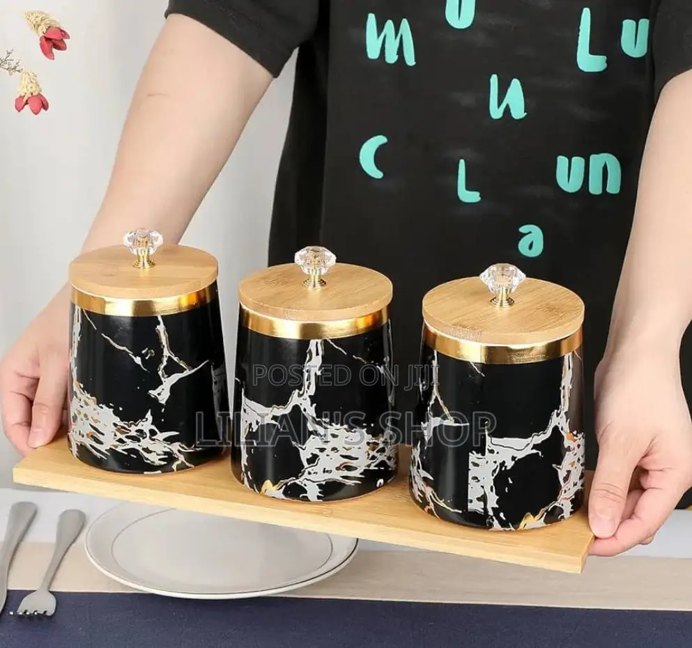 3 Air Tight Storage Canister Set With Wooden Base