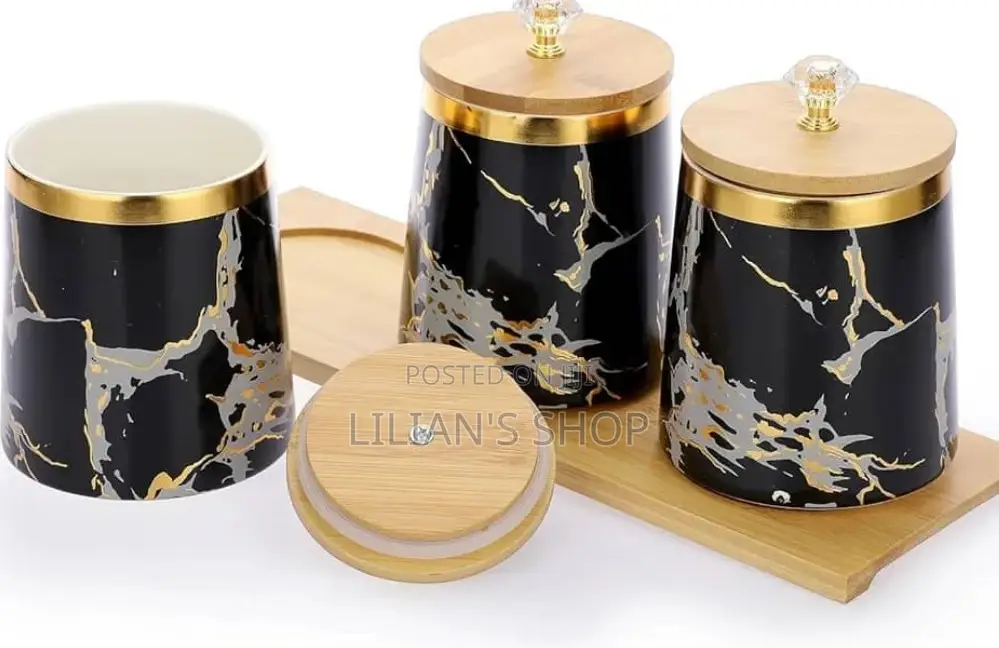 3 Air Tight Storage Canister Set With Wooden Base