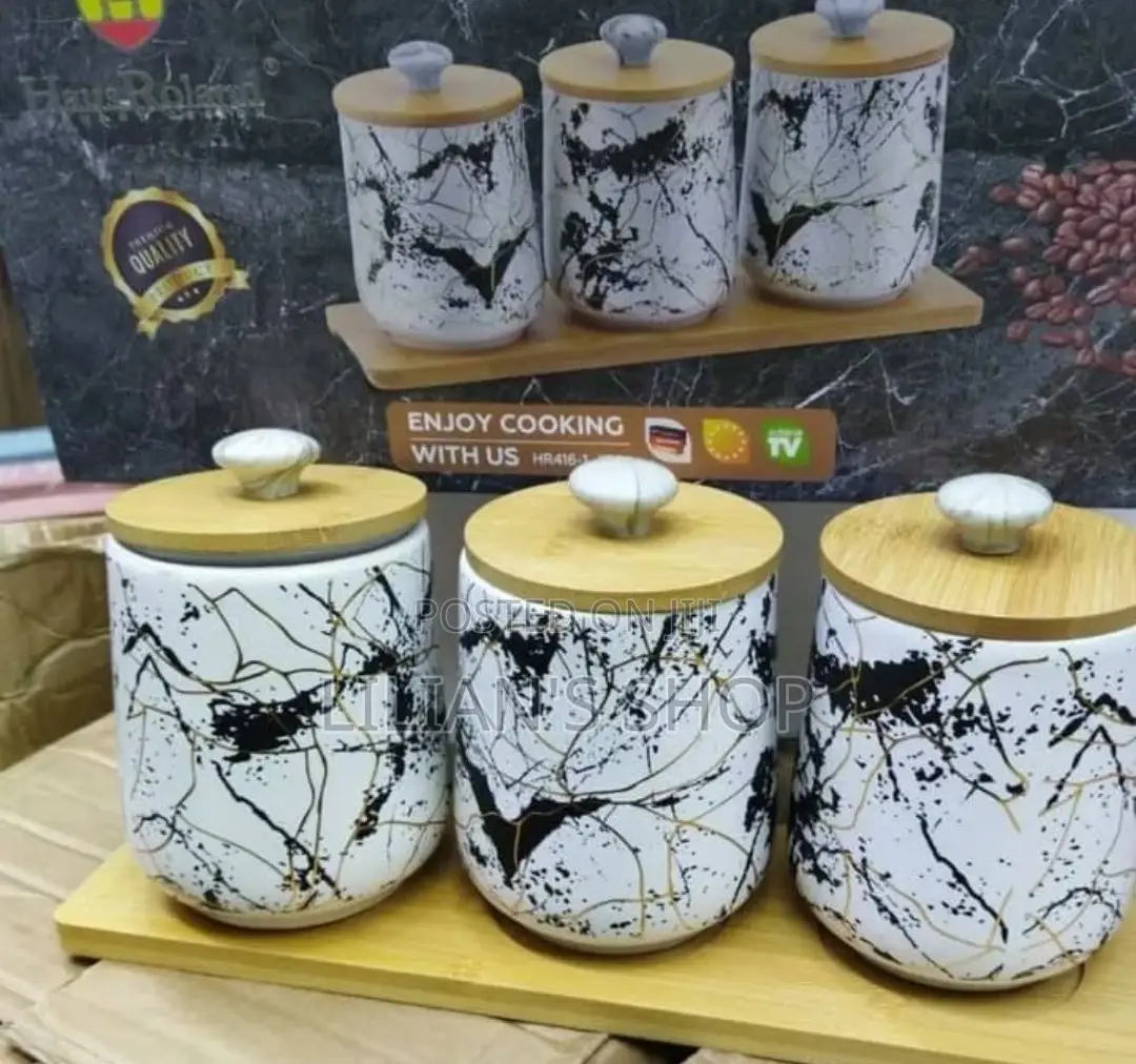 3pcs Marble Kitchen Canisters With Wooden Base