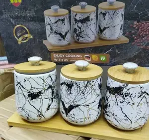 3pcs Marble Kitchen Canisters With Wooden Base