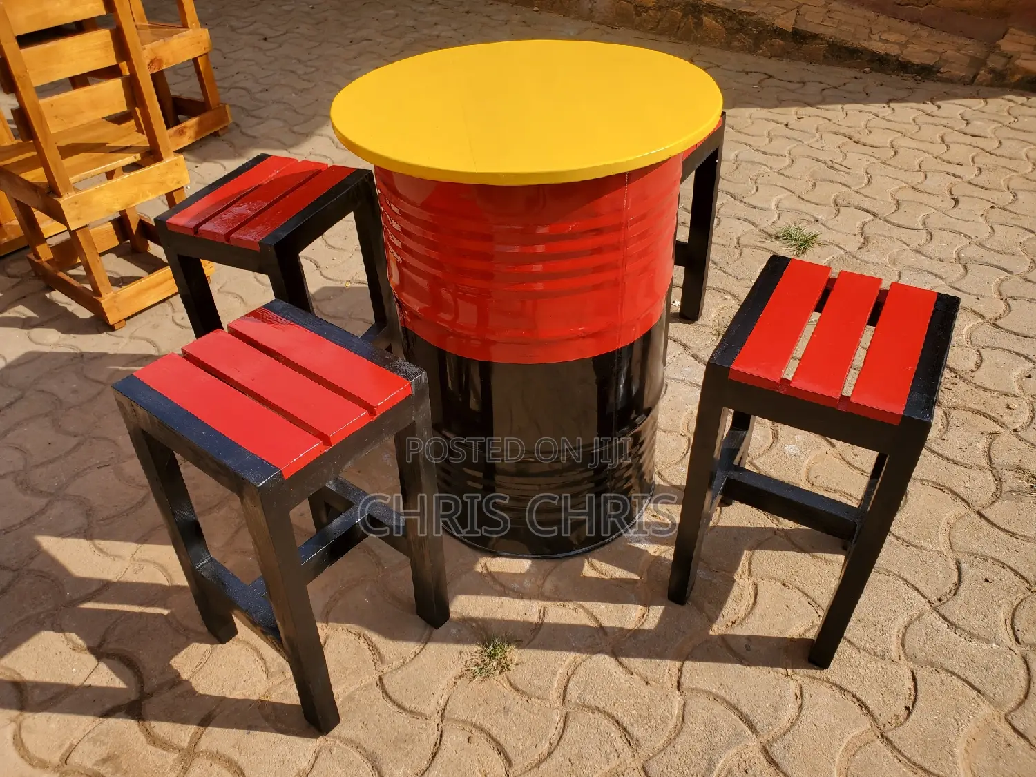 Drum Bar Table and Stools With Dustbin Within Drum