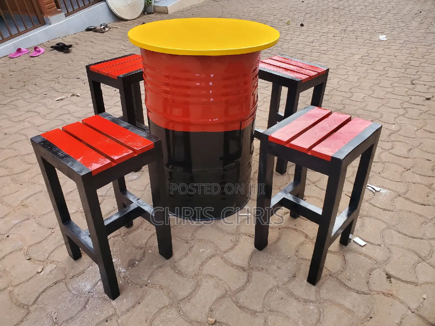 Drum Bar Table and Stools With Dustbin Within Drum