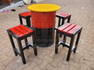 Drum Bar Table and Stools With Dustbin Within Drum