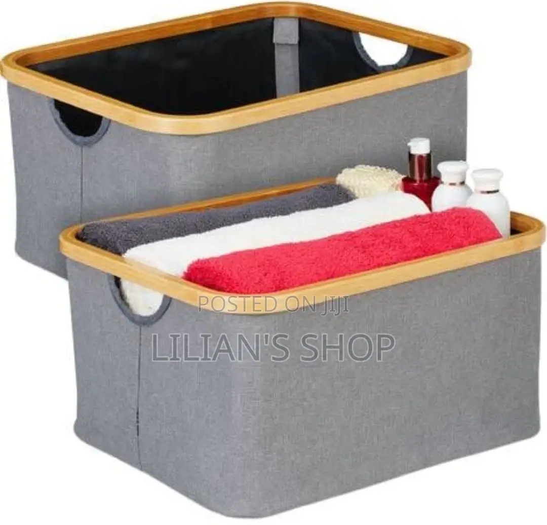 Collapsible Linen Laudry Basket Bin With Bamboo Handles