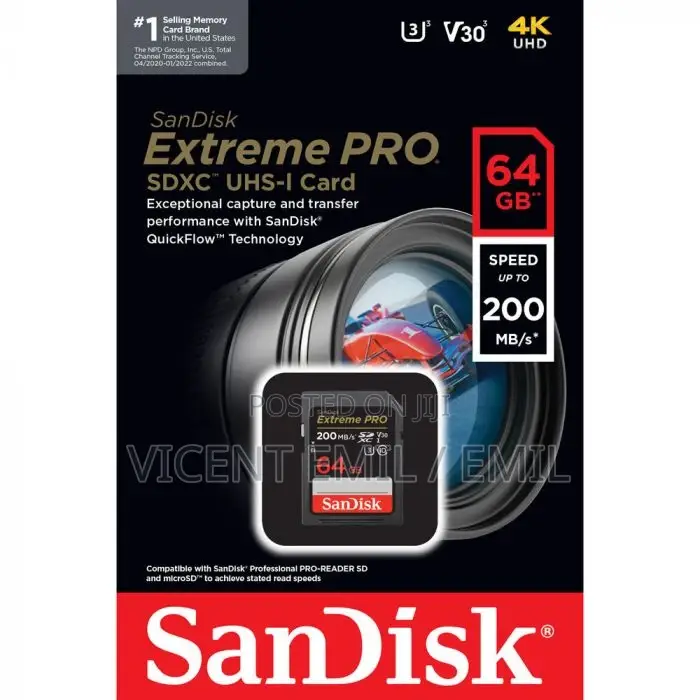 Sandisk Extreme PRO 64GB UHS-I U3 SDXC 200mbs Memory Card
