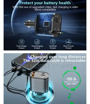 Retractable Car Charger, 4 In1 Fast Car Phone Charger 120W