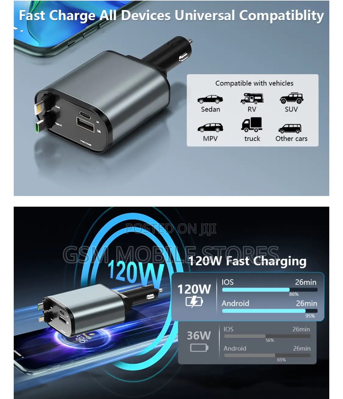 Retractable Car Charger, 4 In1 Fast Car Phone Charger 120W