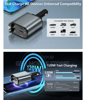 Retractable Car Charger, 4 In1 Fast Car Phone Charger 120W