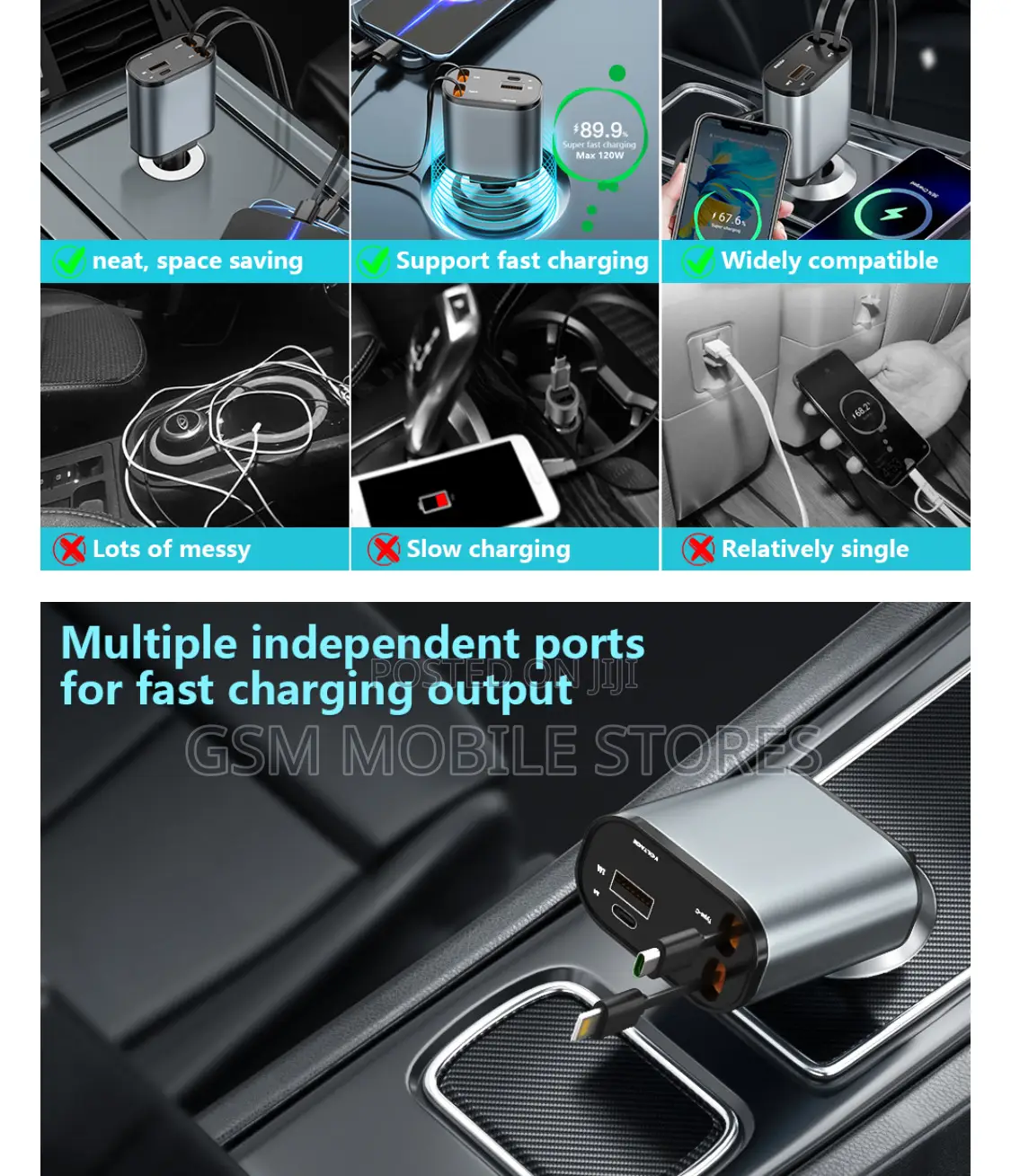 Retractable Car Charger, 4 In1 Fast Car Phone Charger 120W