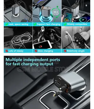 Retractable Car Charger, 4 In1 Fast Car Phone Charger 120W