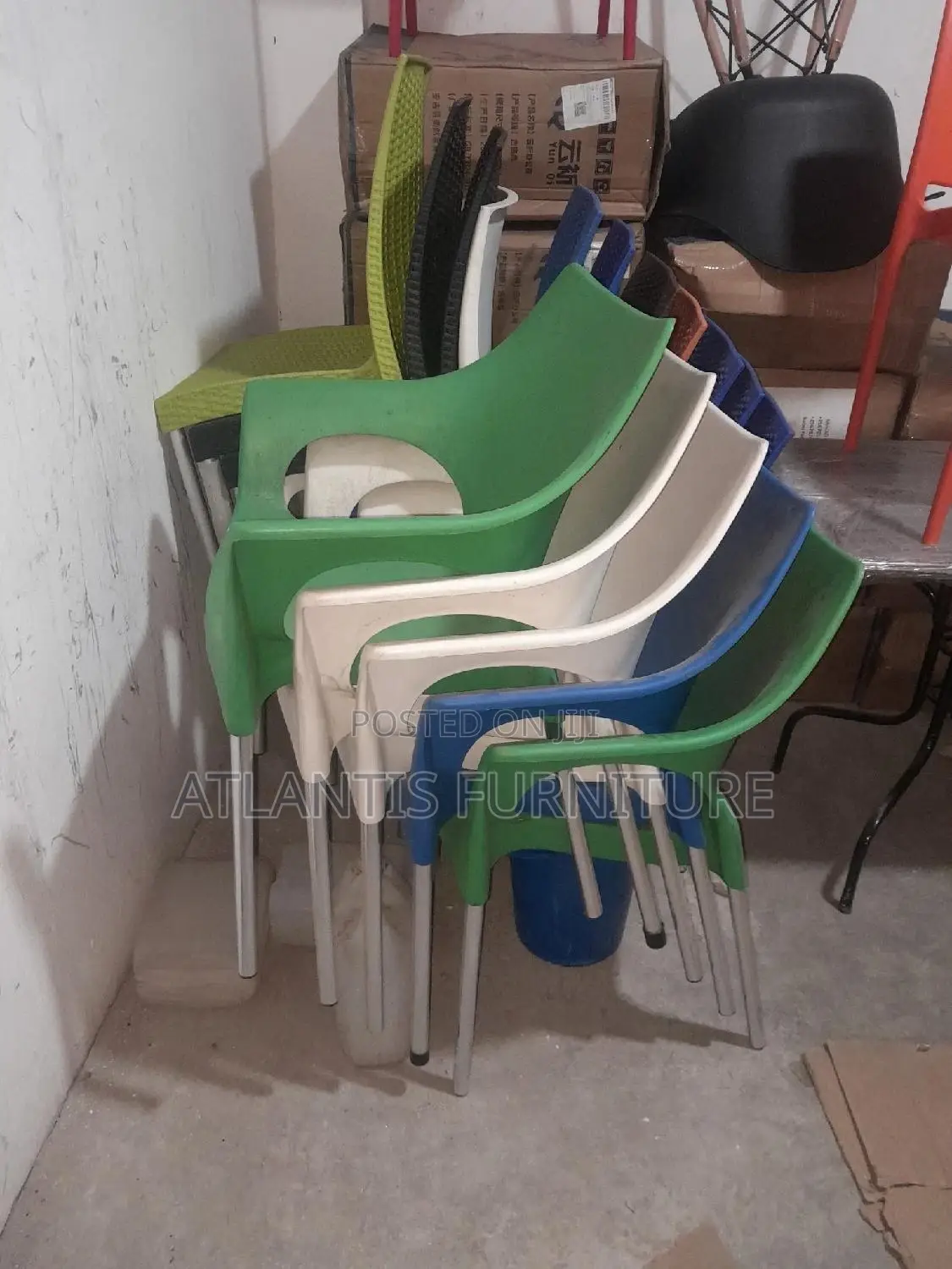 Green, Blue, White Plastic Chairs