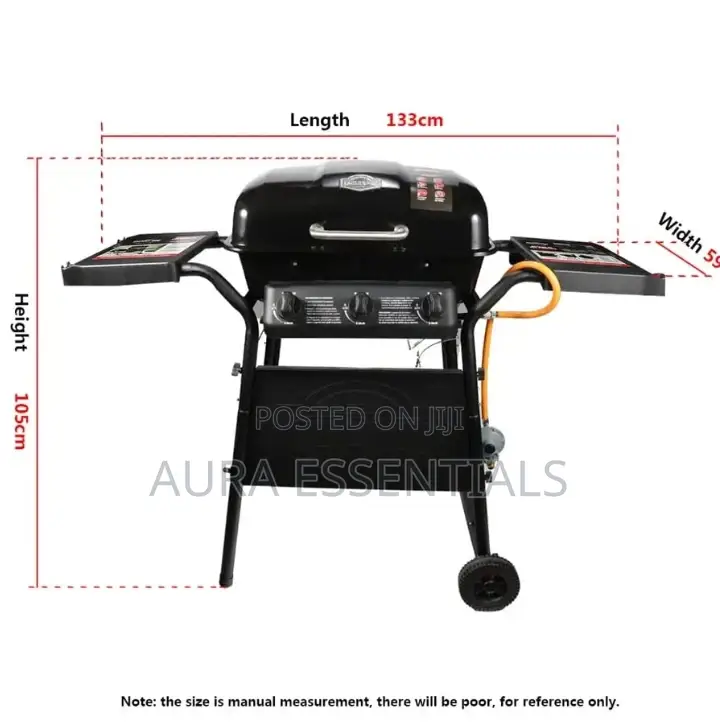 3 Burners Gas BBQ Grill Trolley Adjustable Height Smokeless