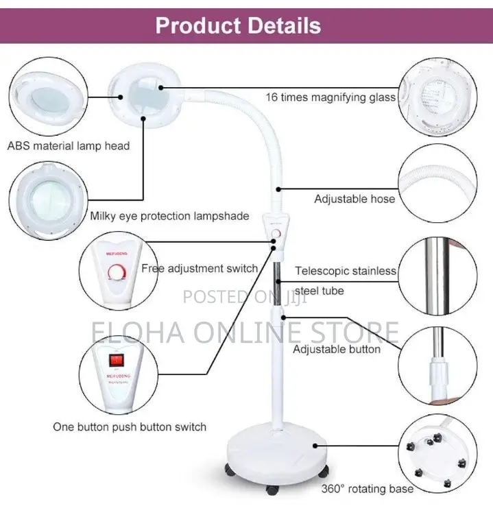 16X Magnifying Glass Lamp Adjustable Swivel Arm Floor Stand