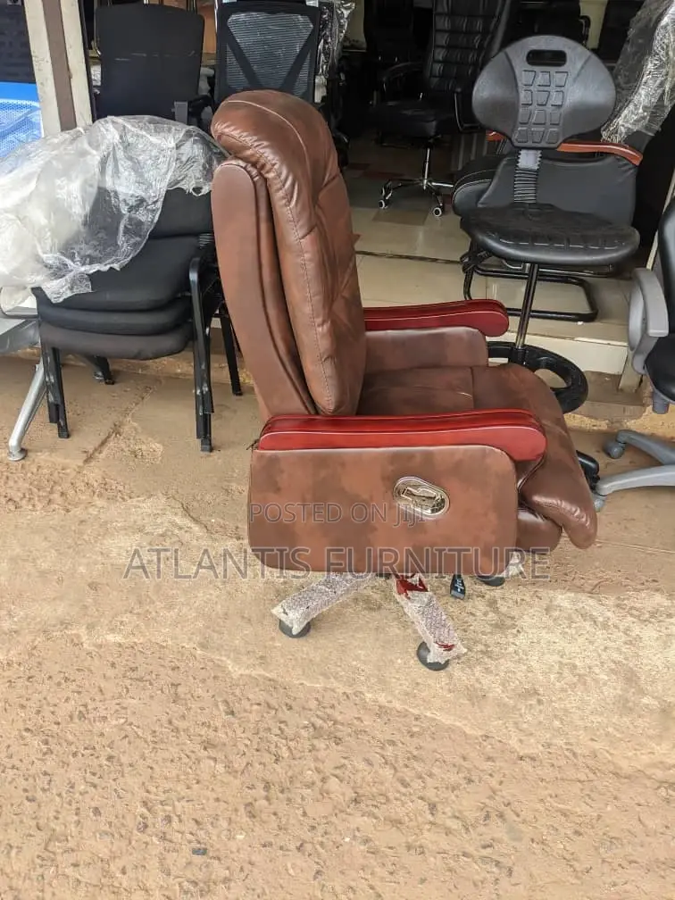 Brown Leather Office Chair With Wooden Arms