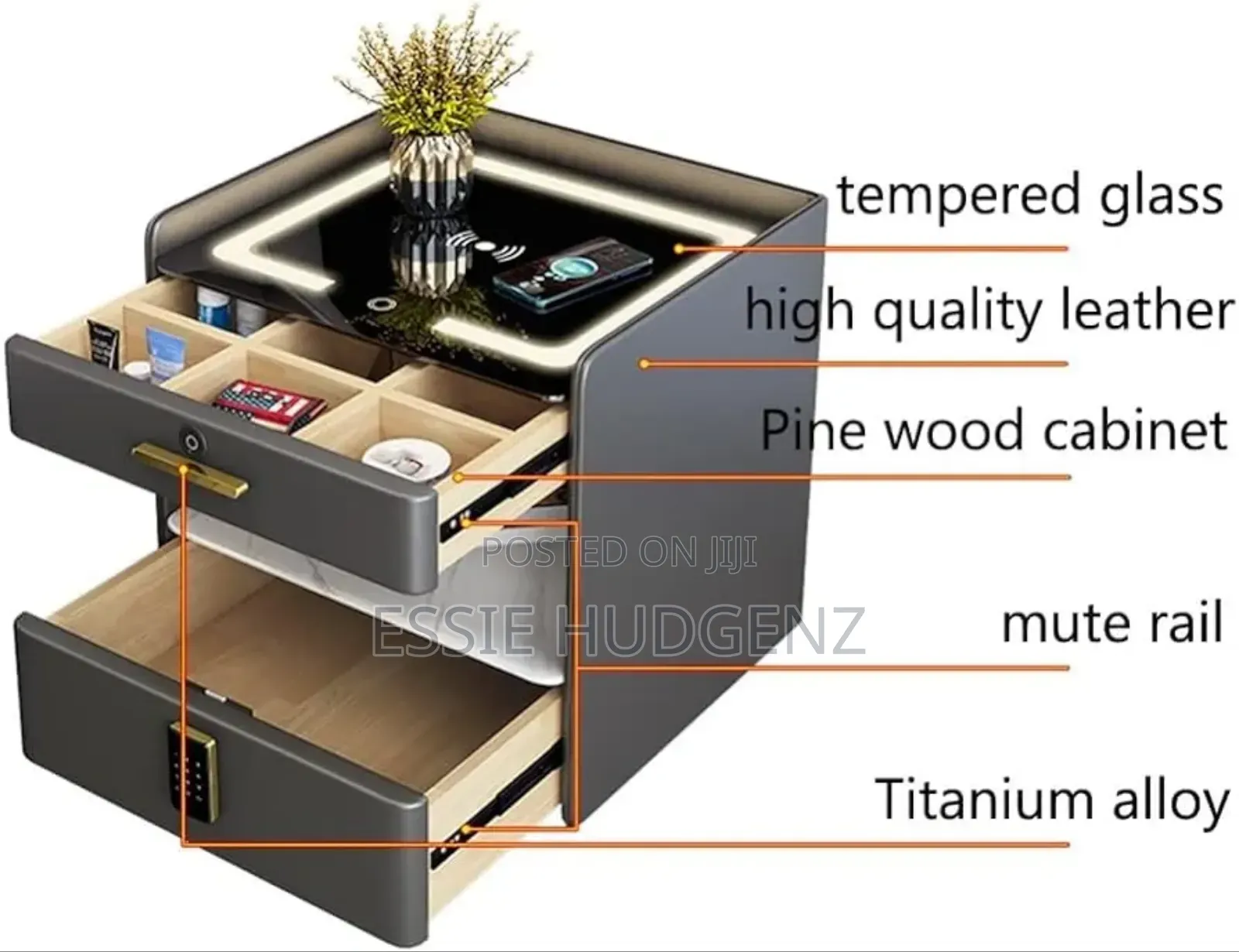 Bedside Table With Wireless Charging and Bluetooth Speaker