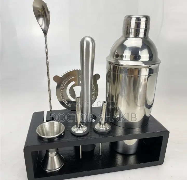 Brand-New Cocktail Shaker With a Wooden Holder
