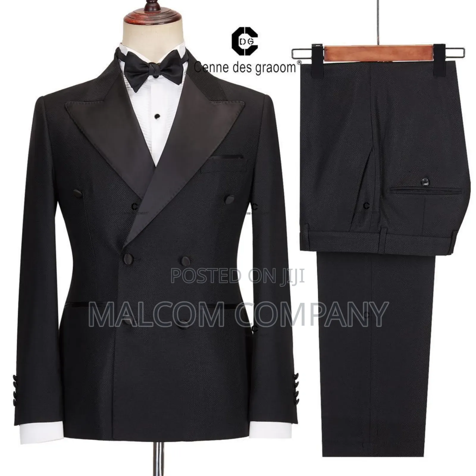 Men Tuxedo Double Breast Dark Gray Suit.
