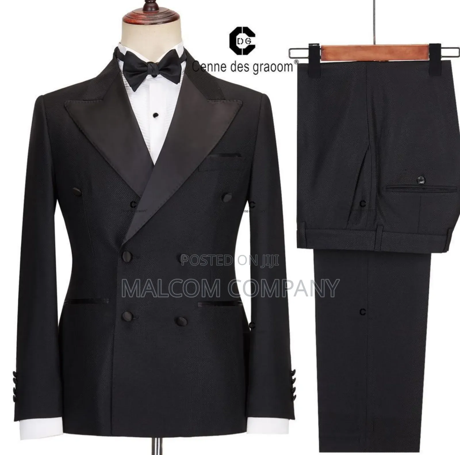Men Tuxedo Double Breast Dark Gray Suit.