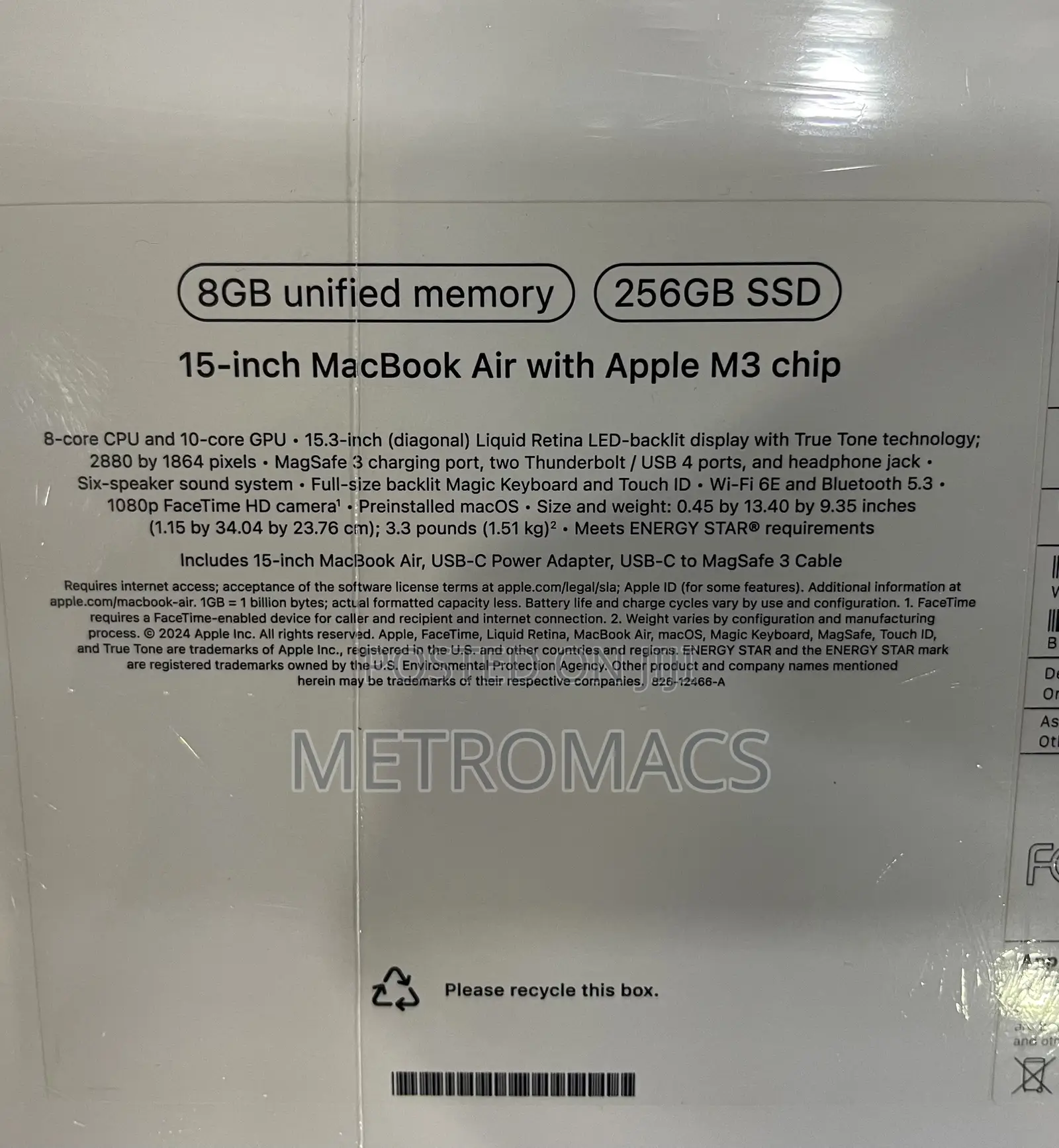 New Laptop Apple MacBook Air 2024 M3 15-Inch 8GB Apple M3 SSD 256GB