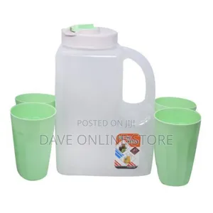 Plastic Water Fridge Bottle With 4 Glasses, 4L - Green