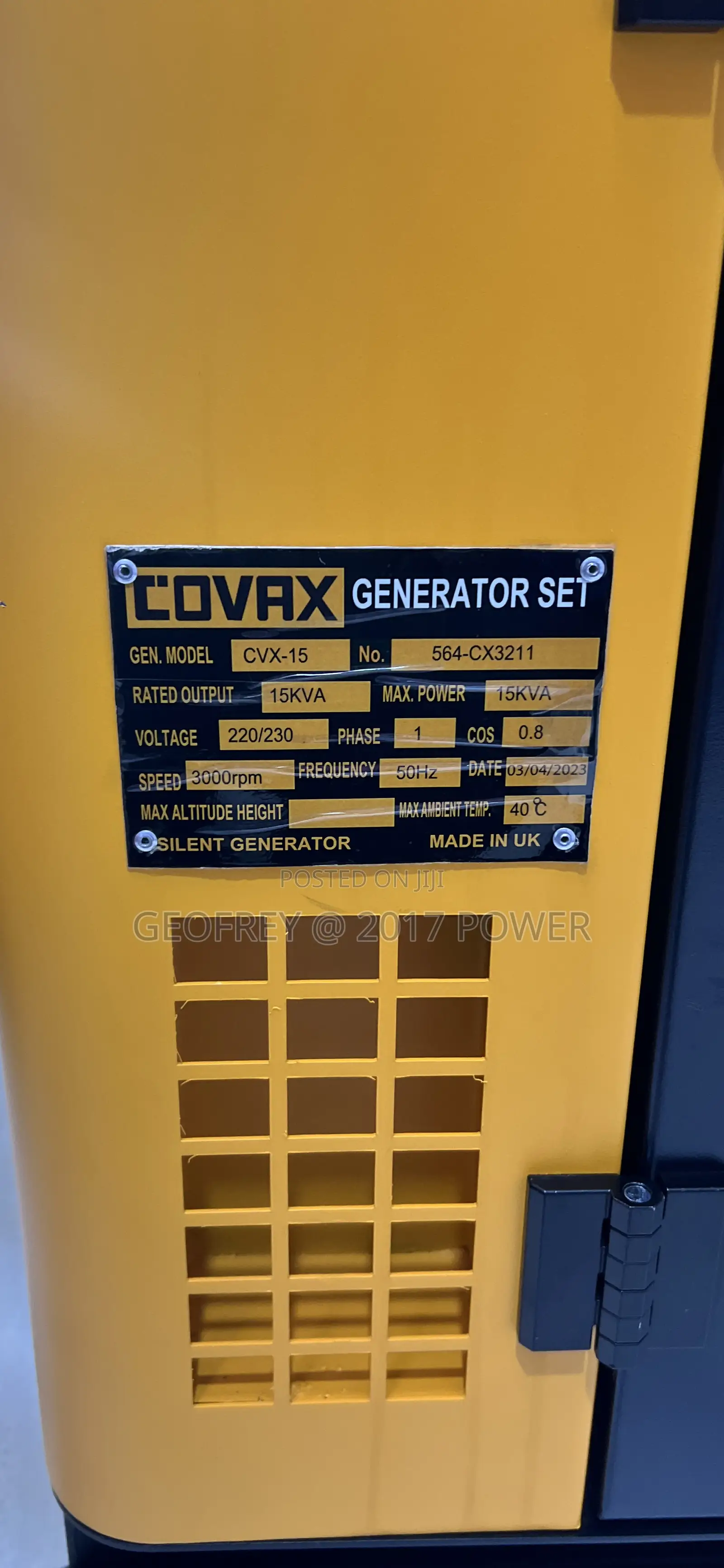 Covax 15kva Water Cooled Made in Uk 2 Psitons