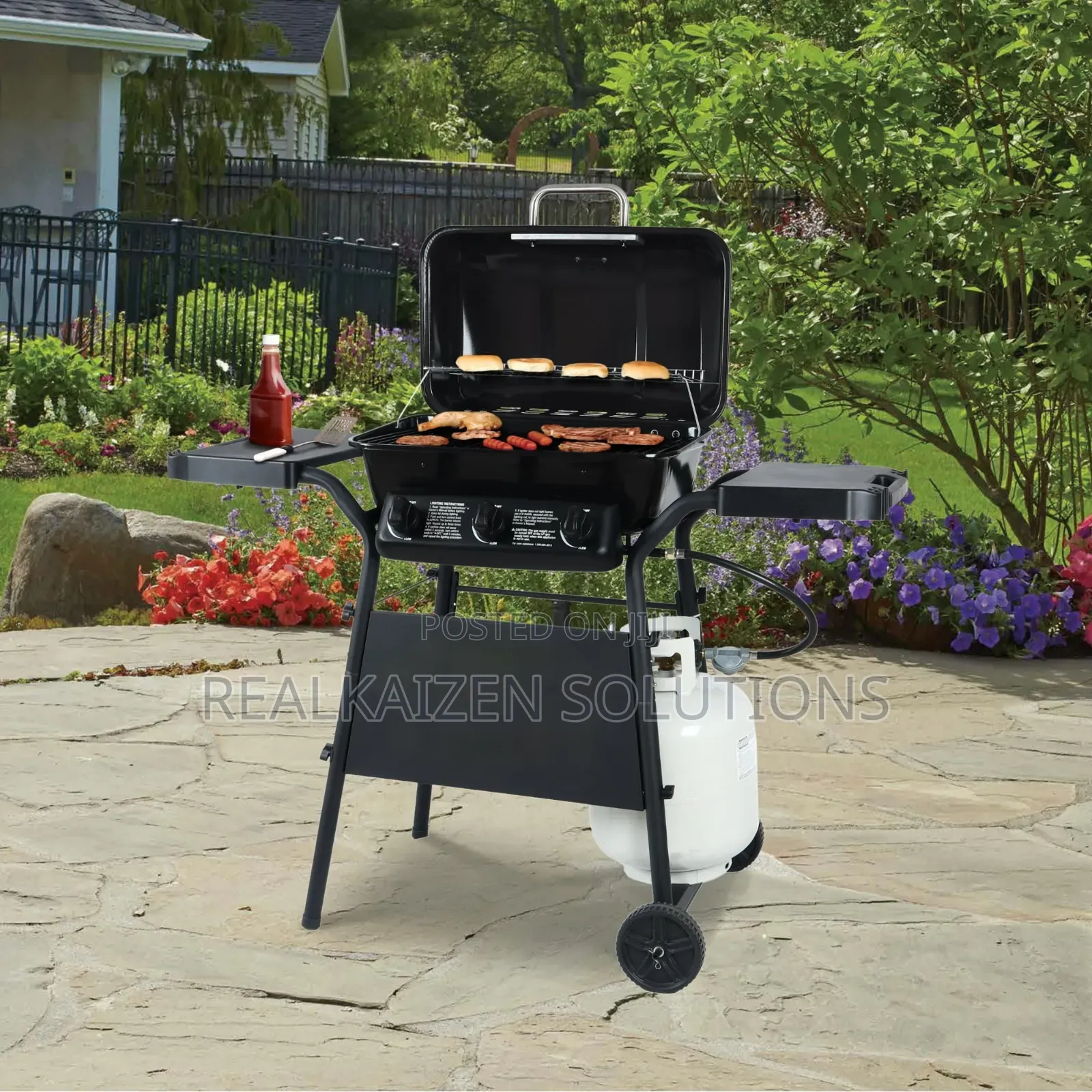 3 Burner Porcelain Coated LPG Gas Grill With Side Shelves