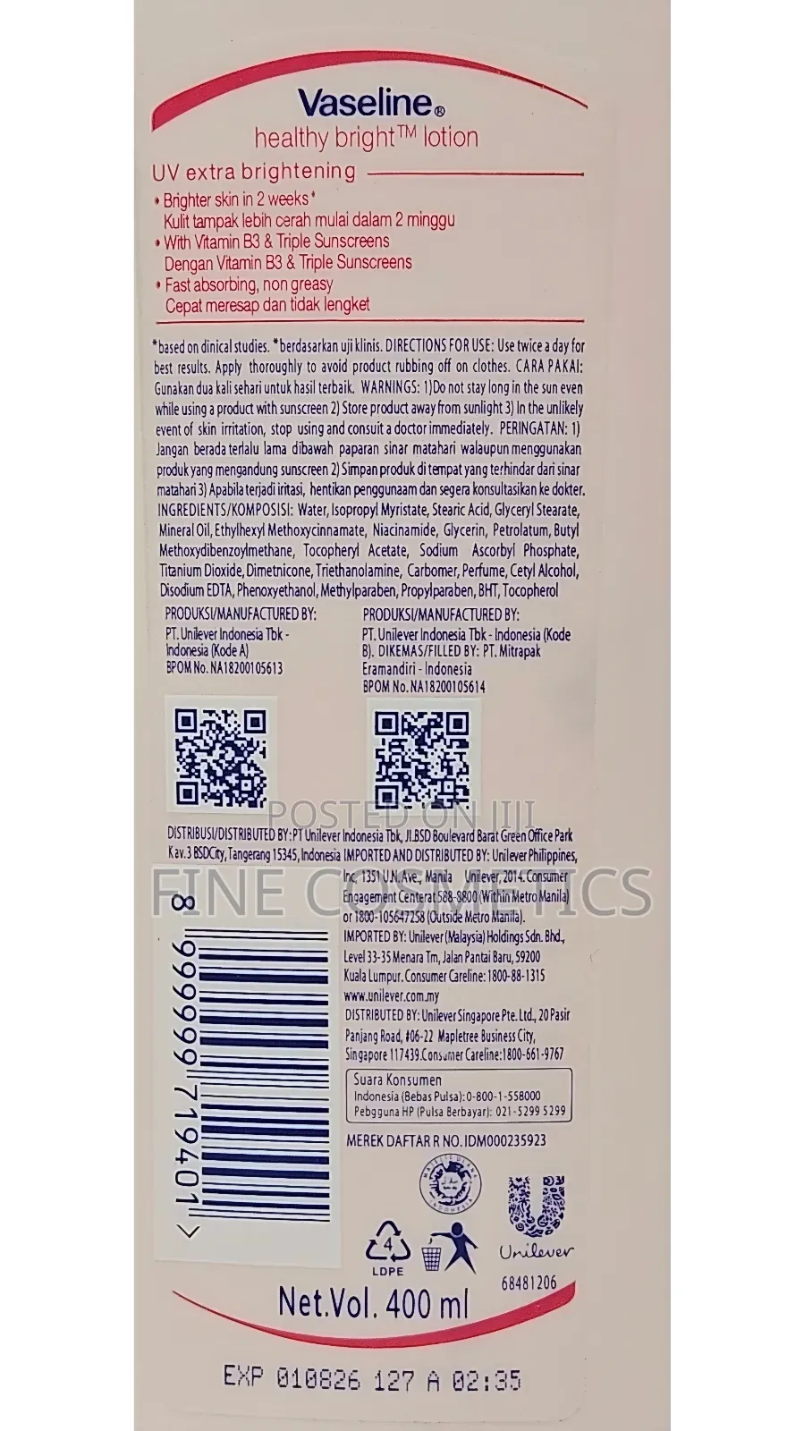Original Vaseline Healthy Bright UV Extra Brightening Lotion
