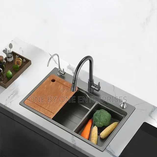 Large Single Tank Kitchen Sink, Gray Nano Stainless Steel