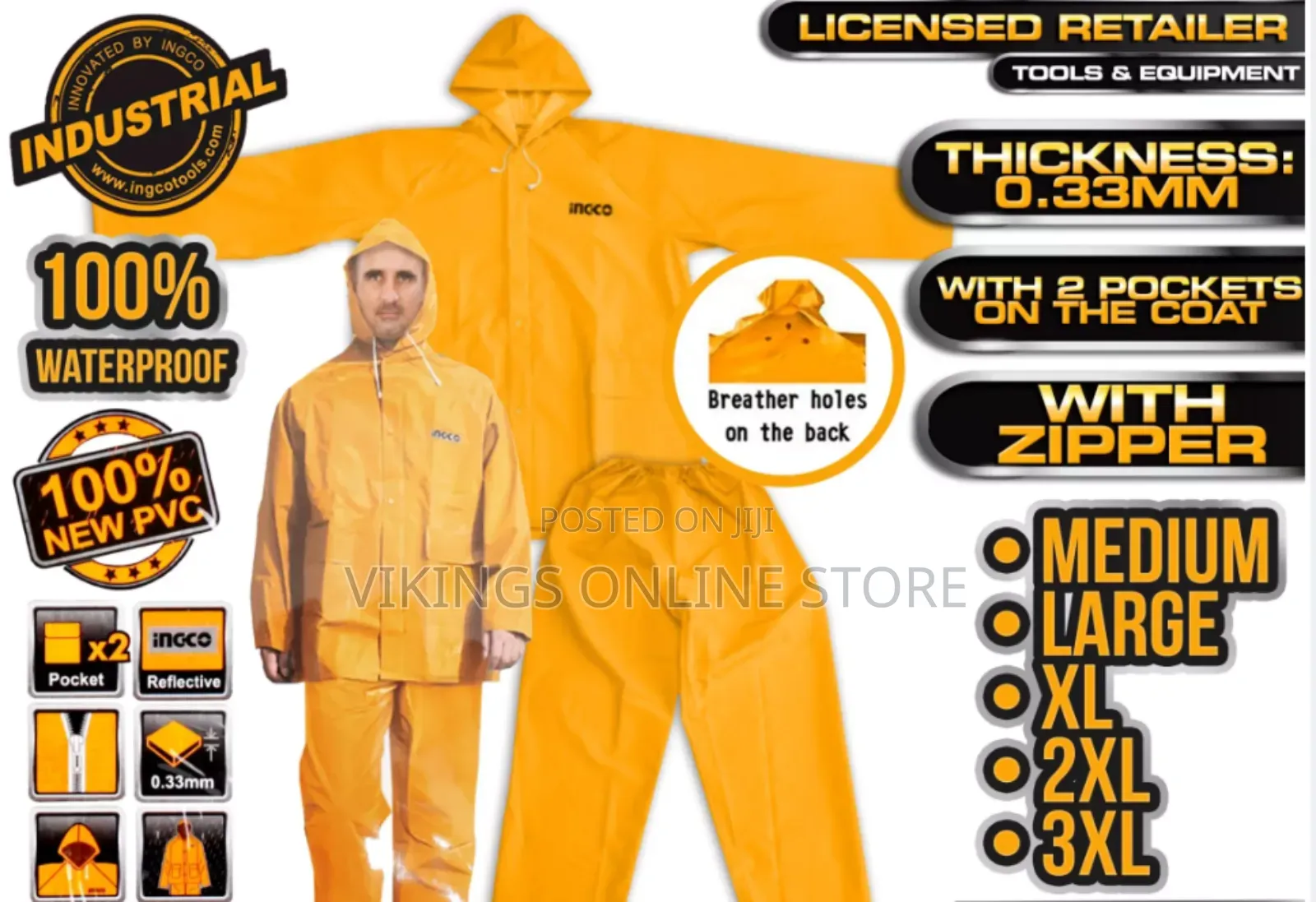 INGCO Rain Coat Suit Set With Zipper And 2 Pockets