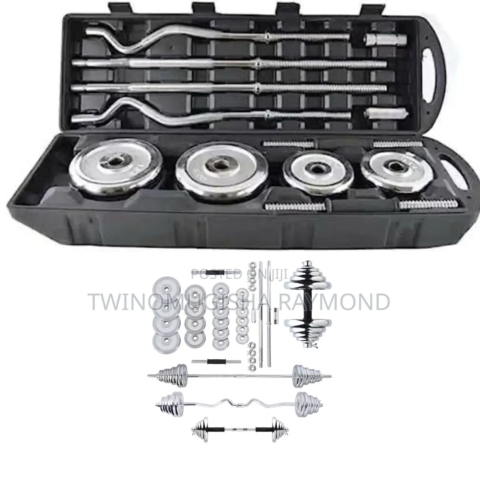 A Set of York 55 Kg Silver Dumbbells Barbells