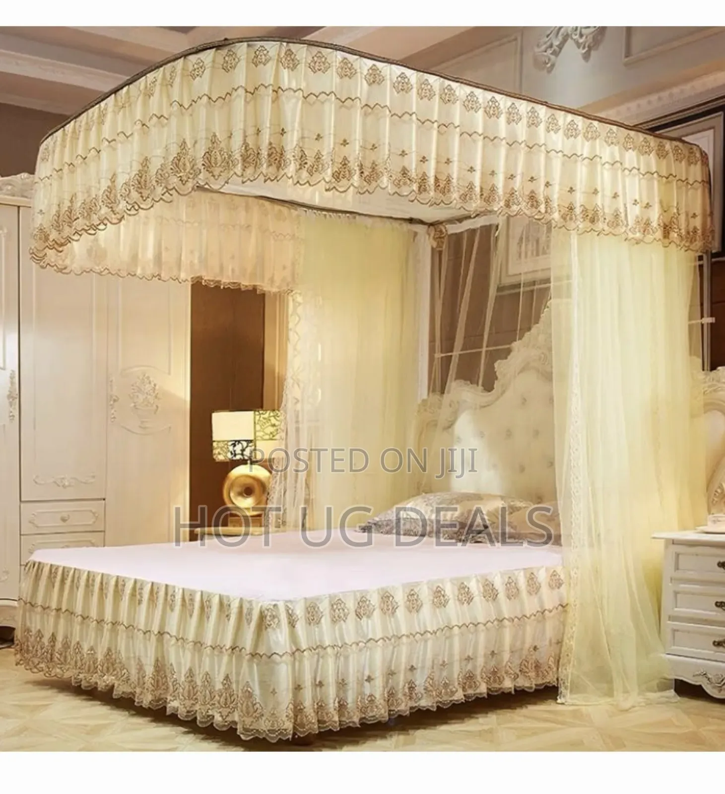 6x6 Two Stand Railed Mosquito Net - Cream, Top Design Vary