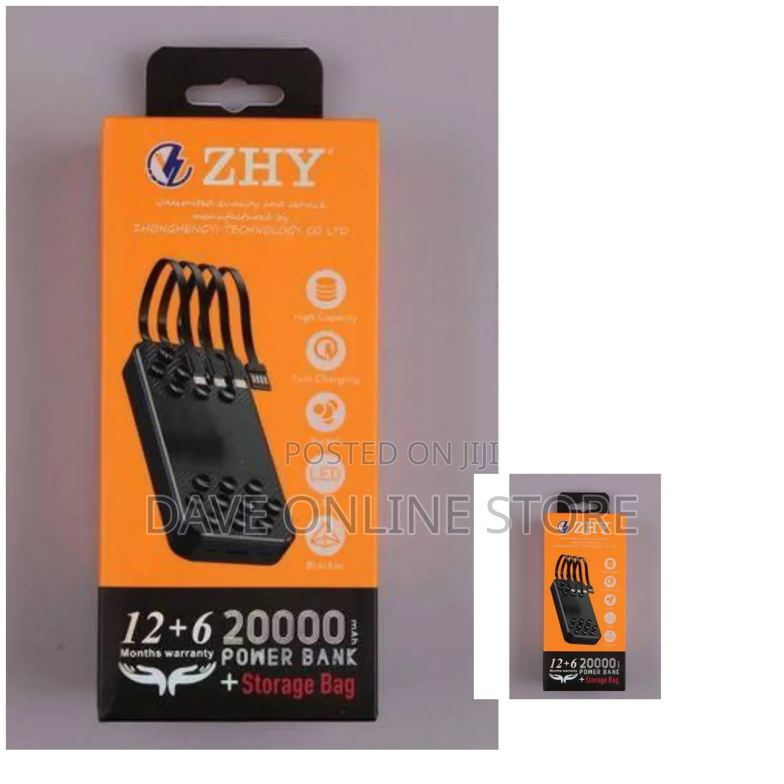 Zhy 20,000mah Power Bank With Four Useful Cables and 2 Ports