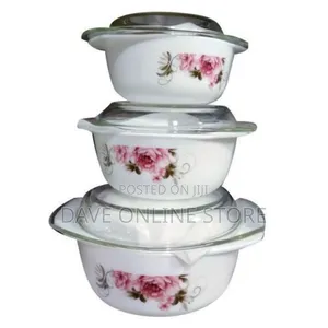 3 Pieces Set of Ceramic Opal Dishes With Glass Lids