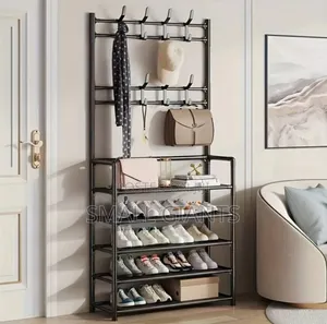 5-Layers Black Coat Hat Shoe Rack Combination With Hooks
