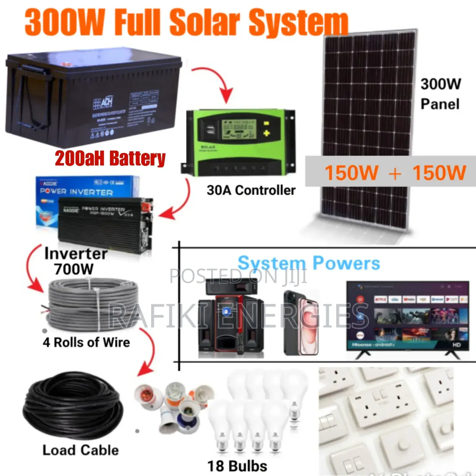300W Solar System (300W Panel + 200ah Battery)