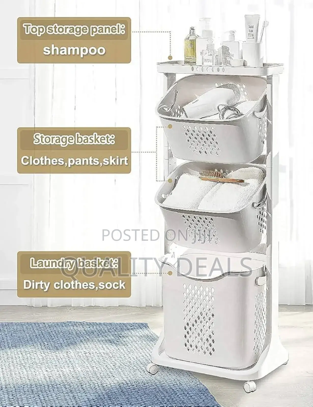 3 Tier Plastic Laundry Basket With Wheels