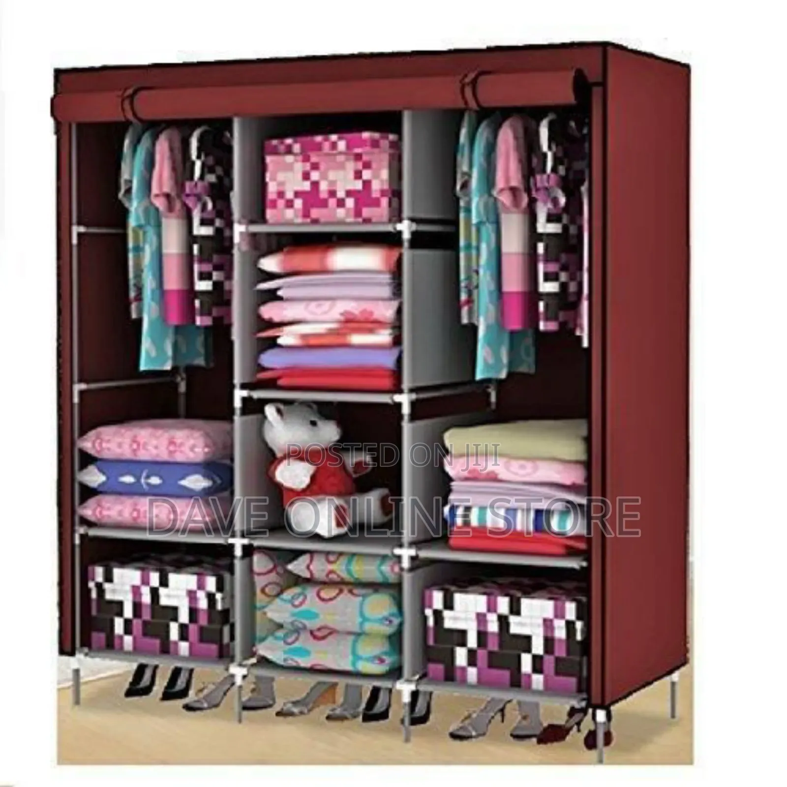 Elegant 3 Columns Cloth Frame Wadrobe, Maroon