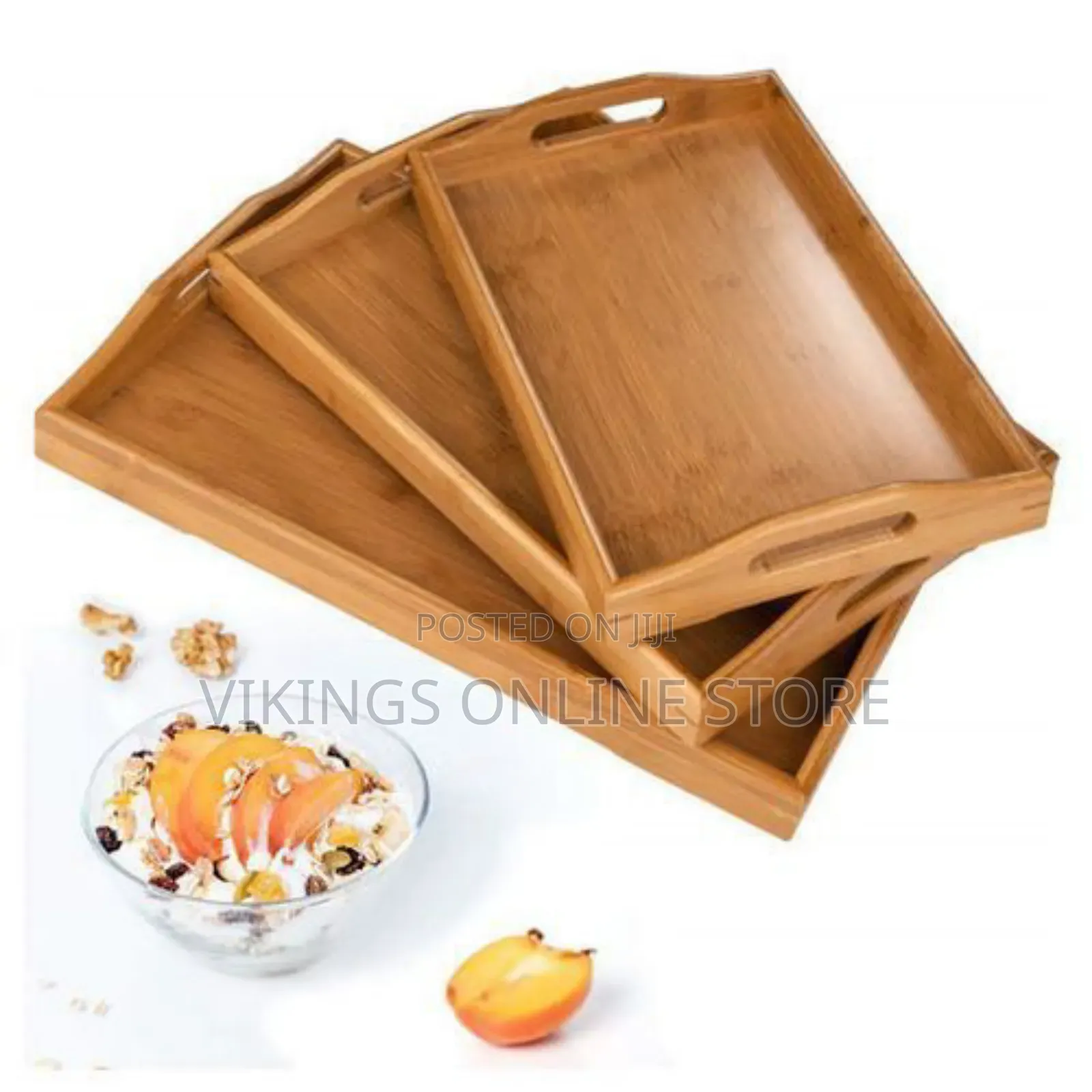 3 Piece Bamboo Wood Food Serving Trays Platter - Brown