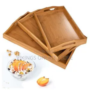 3 Piece Bamboo Wood Food Serving Trays Platter - Brown