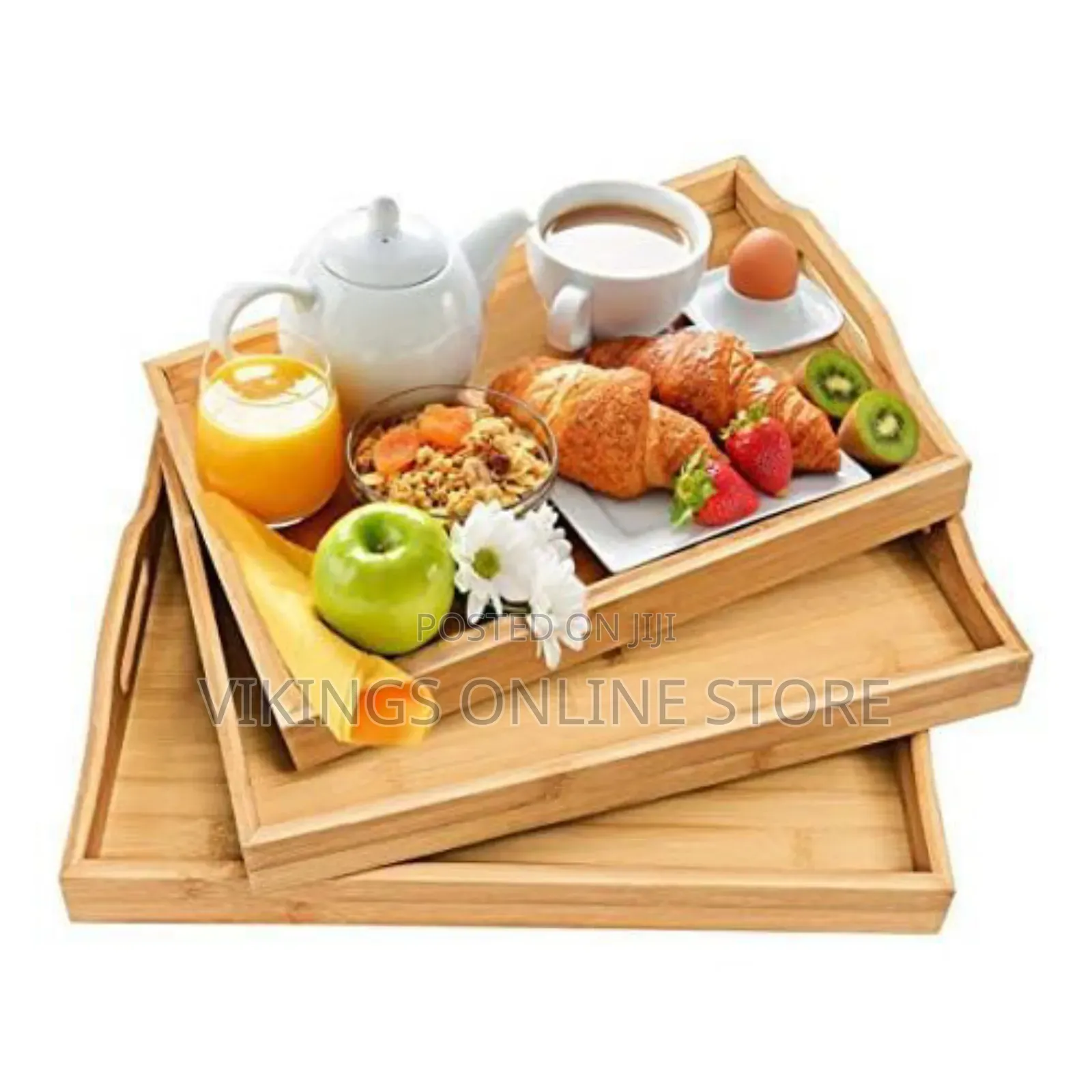 3 Piece Bamboo Wood Food Serving Trays Platter - Brown