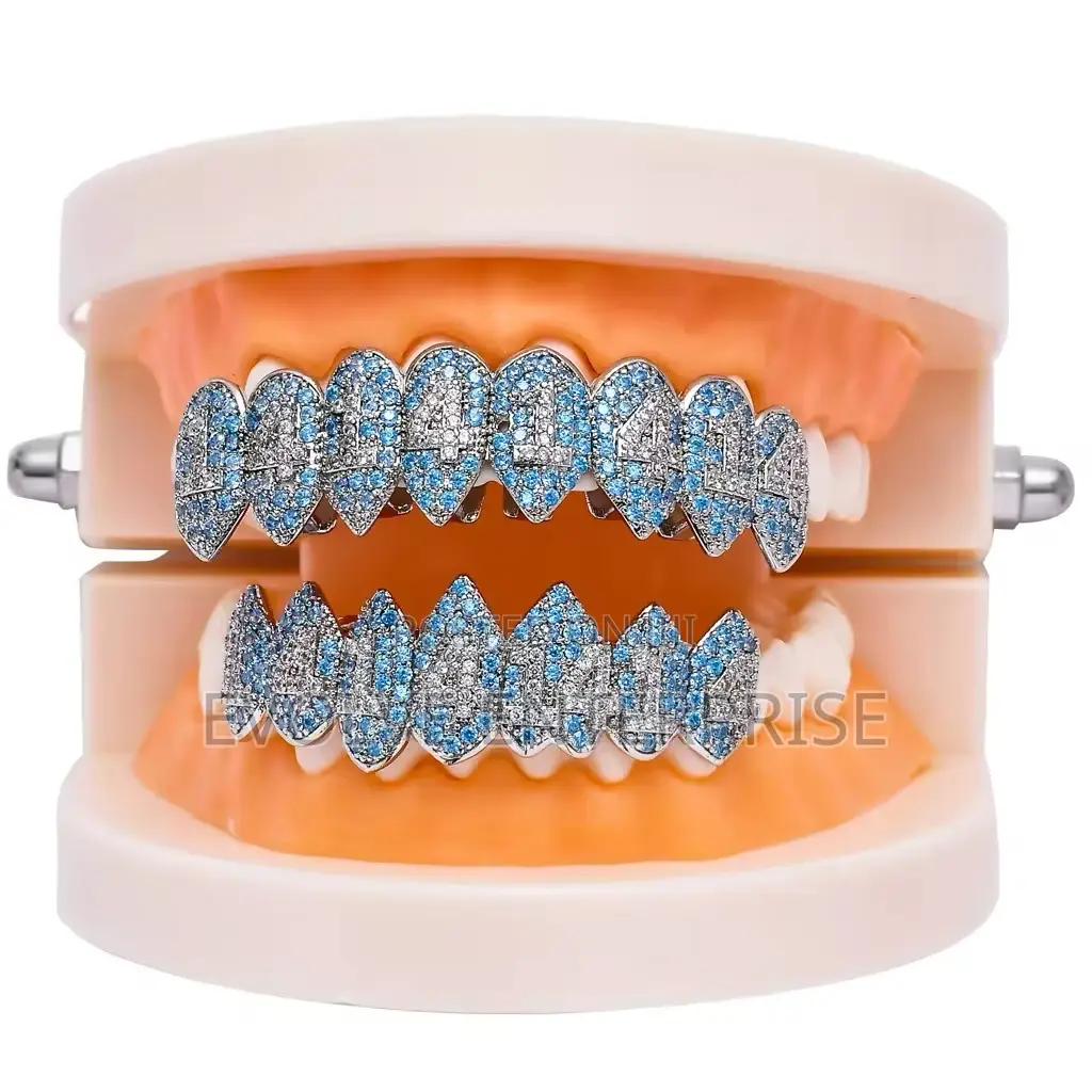 Hip Hop Blue Stones Iced Out Cz Teeth Grillz