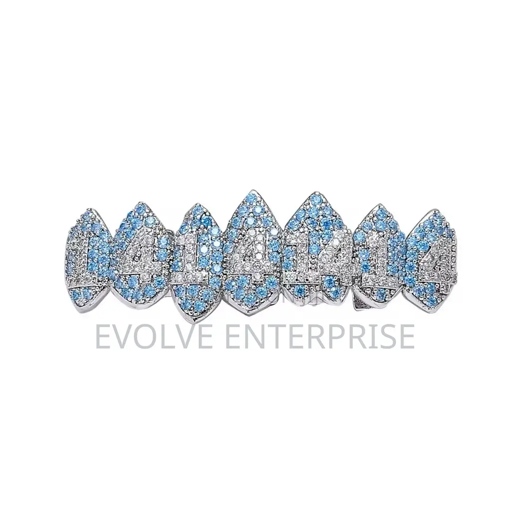 Hip Hop Blue Stones Iced Out Cz Teeth Grillz