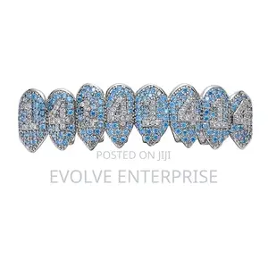Hip Hop Blue Stones Iced Out Cz Teeth Grillz
